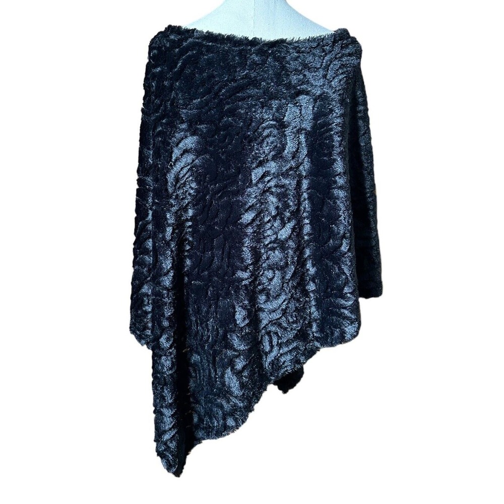 Jet Black Faux Fur Poncho Scarf White Pearls One Size Elegant Cozy Warm - Picture 6 of 9